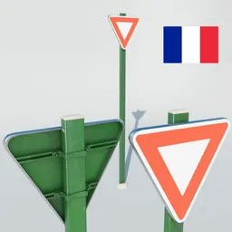 Detailed 3D model of a French 'Give Way' traffic sign, Blender compatible, showcasing its design and structure.