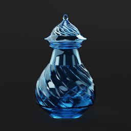 "Glass Container 3D Model: PBR Compatible, inspired by Aleksander Orłowski's perfume bottle. Rendered with Substance Designer and equipped with clear edges, this blue glass vase with a lid is perfect for potion scenes or a character's treasured keepsake."