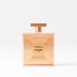 "Gabrielle Chanel Perfume in 3D, rendered in Blender, displaying a close-up of the perfume bottle on a white surface. This comprehensive and supersampled 2D render captures the essence of the perfume's golden hour on a laminal space reminiscent of the 1970s."