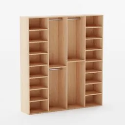 Detailed 3D model render of an open wooden wardrobe with shelves and compartments, designed in Blender.