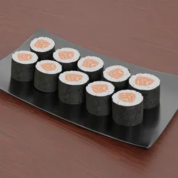 "High-quality hyperrealistic 3D model of a plate of sushi for Blender 3D rendering. This top-quality model features incredible detail, including salmon and grains, and was inspired by a variety of talented artists. Please note that wasabi is not included and that for best results at distance, a Decimate modifier should be used."