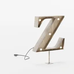 3D model of wooden marquee light shaped as letter Z with illuminated bulbs and power cord, for Blender rendering.