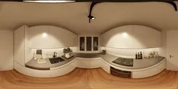 360-degree HDRI panorama of a cozy kitchen at night with warm lighting and modern appliances.
