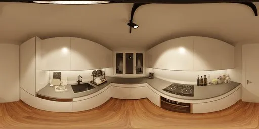 360-degree HDRI panorama of a cozy kitchen at night with warm lighting and modern appliances.