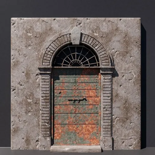 Highly detailed Blender 3D model of a weathered Italian-style front door with iron elements and textured stone surround.