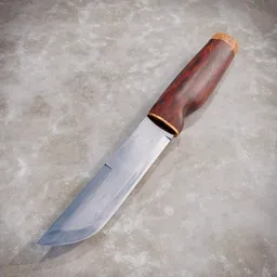 Detailed 3D rendered knife with textured wooden grip for Blender graphics and animation projects.