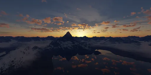 Sunset over snow-capped peaks with reflective glacier lake, ideal for scene lighting HDR.