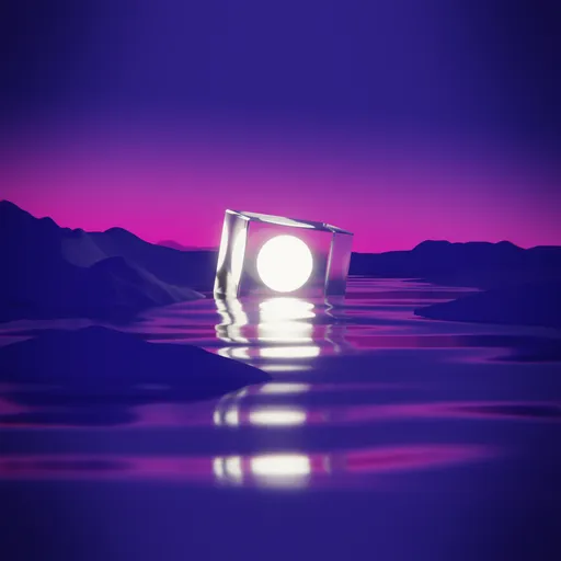 Fantasy 3D landscape with glowing cube and customizable purple hues, ideal for creative backgrounds.