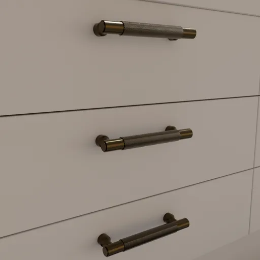 Detailed 3D rendering of an antique brass knurled pull handle for cabinetry in Blender.