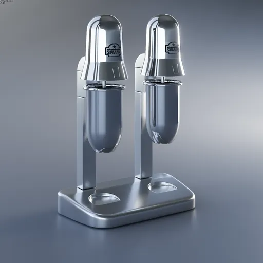 Detailed 3D rendering of dual milk shake mixer appliance, Blender 3D compatible, with stainless steel finish.