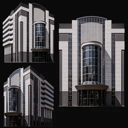 3D Blender model of modern Business Centre with curved glass facade and symmetrical design in various angles.