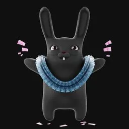 Black 3D rabbit model with festive garland and falling confetti in Blender-rendered image.