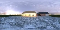 360-degree panoramic winter garden HDR with house, lawn, trimmed hedges, purple flowers, and snow.