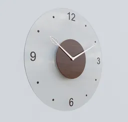 3D-rendered minimalistic wall clock with wooden center and glass exterior showing adjustable time details.