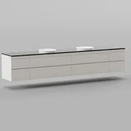 "White Bathroom Desk For Two with Lacquered Oak Finish and Two Sinks in Blender 3D Model" - This 3D Model in Blender 3D showcases a modern bathroom desk for two, featuring a white sink with a lacquered oak finish and two sinks. With a sleek Bauhaus-inspired design, this furniture set is perfect for any modern bathroom renovation project.