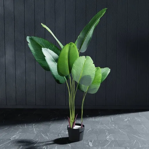 Detailed Blender 3D model of a lifelike artificial banana tree with modifiable leaves for indoor nature scenes.