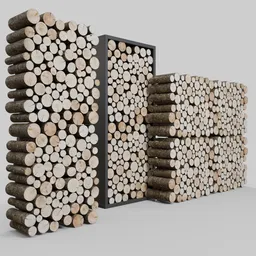 Stacked firewood 3D model, Blender compatible, detailed textures and realistic woodpile representation.