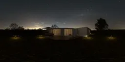 12K panoramic HDR image of a house with a garden at night under starry sky.