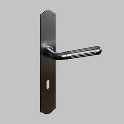"Black Door Handle with Plate - High Quality 3D Model for Blender 3D. Inspired by John Button, this elegant handle features hinged titanium legs and a shiny crisp finish. Perfect for any door in need of a stylish upgrade. Rendered using Corona and Polsat with metal border accents."