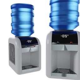 Detailed 3D model of a water cooler with bottle, designed in Blender, suitable for architectural renderings.