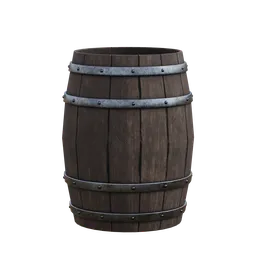 "Wooden agriculture barrel with metal straps, modeled in Blender 3D. Textured with 1k resolution, perfect for displaying recipes and miscellaneous objects. Inspired by the Vermintide 2 video game and Clash Royale."