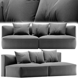 "High-quality 3D model of a modern gray sofa with three pillows, suitable for Blender 3D. Add a touch of minimalistic elegance to your virtual designs. Easily optimize the model's complexity with the decimate modifier if needed."
