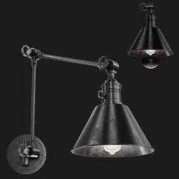 "Discover the Hudson Valley Garden City 1 industrial light 3D model, rendered with intricate details and oilpunk style. This black steel wall sconce, with multiple arms and a glamorous cctv gaslight vibe, is perfect for any gritty or steampunk-inspired 3D scene. Created with Blender 3D software and available for purchase on our store website."