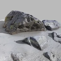 "Highly-detailed Photoscanned Rocks on a Sandy Beach 3D model for Blender 3D, inspired by Claes Corneliszoon Moeyaert, with greenish diffuse lighting, perfect for creating realistic environment elements. Captured on the Pacific Ocean Coast in Tofino, Vancouver Islands, British Columbia, Canada."