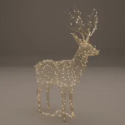 "Decorate your lawn with a stunning Christmas Deer sculpture featuring intricate wireframe decoration and radiant golden ethereal light. This ultra-detailed LED wireframe model, created with Houdini algorithmic pattern and rendered with various techniques such as radiosity, is perfect for your Blender 3D project."
