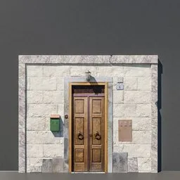 Detailed Blender 3D model of an Italian-style stone facade with a wooden front door and realistic textures.