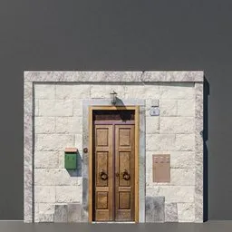 "3D model of an Italian style entrance door and wall, created with Blender 3D software. The scene depicts a brown door and green mailbox set against a black house and granite wall, with low angle dimetric rendering and 3D shadowing. Inspired by a real door in the city of Frascati, Italy, this facade element is perfect for architectural visualizations."