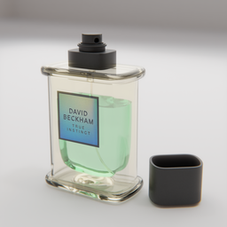 Realistic Blender 3D model of a transparent perfume bottle with a black cap and a greenish liquid inside.