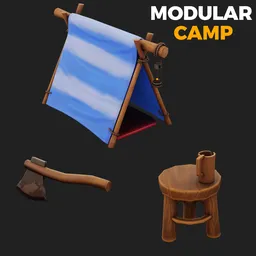 "Modular Camp" 3D model for Blender 3D, featuring a table, chair and tent, with elements such as a wood cabin and discarded scrolls. This stylized and dynamic fold piece was created by Muqi and also includes Fortnite characters. Perfect for creating game assets or adding to fully-built buildings.
