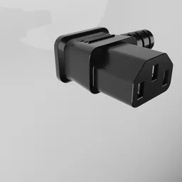 Highly detailed 3D model of a black IEC C14 connector with strain relief for Blender rendering.