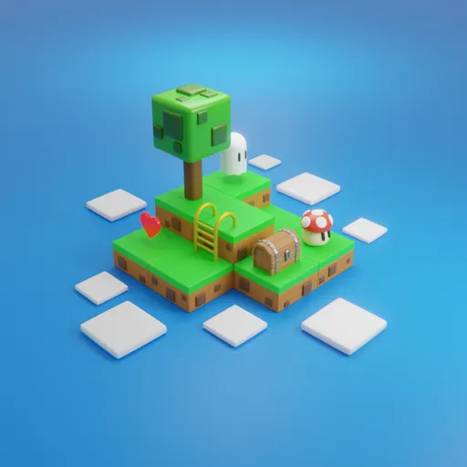 Colorful 3D-rendered cartoon-style game environment with tree, chest, and stylized elements for Blender.