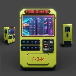 "Food vending machine in futuristic style, featuring a yellow design with a menu interface, inspired by Americo Makk's artwork. This Blender 3D model resembles a 1990s arcade machine and incorporates elements of Sifu, Fortnite, and scifi farm aesthetics. A visually captivating model for shopping and retail scenes."