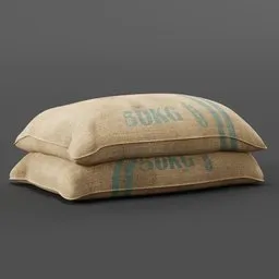 Realistic textured 3D model of two stacked 50kg grain burlap sacks for Blender rendering.