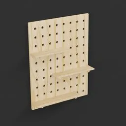 Realistic wooden pegboard shelf 3D model for Blender rendering, customizable wall-mounted storage.