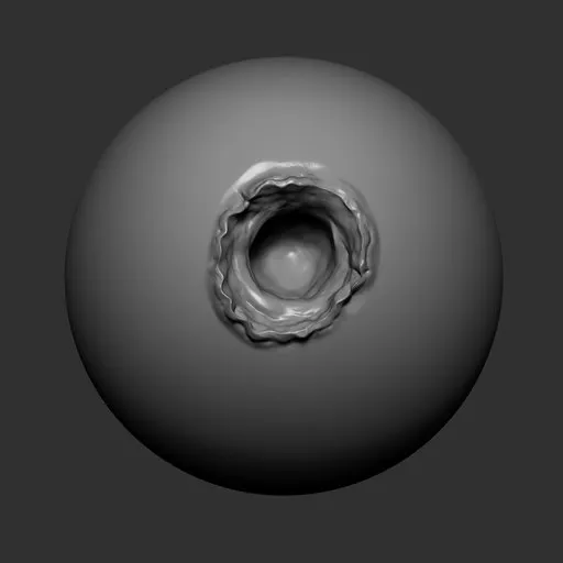 Blender 3D sculpting brush for creating realistic bullet hole damage on metal surfaces.
