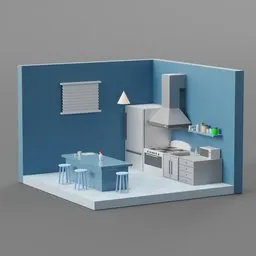 "Lowpoly Kitchen Set 3D Model for Blender 3D: Complete kitchen with table, stove and refrigerator. Blue walls, unused design by Cicely Hey. Perfect for architectural plans and 2.5D corner scenes."