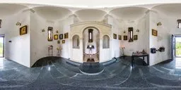 Spherical HDR panorama of an elegant white chapel interior with natural lighting for 3D scene illumination.