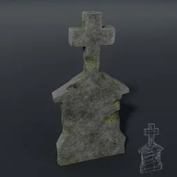 Low-poly Blender 3D model of a house-shaped tombstone with moss accents suitable for game environments.