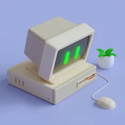 Vintage-style computer 3D model with mouse and plant accessory, optimized for Blender, with detailed topology.