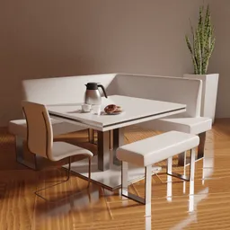 Sleek 3D-rendered modern table set with movable chairs, ideal for Blender 3D projects.