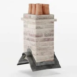 "Three terracotta chimney pots sit atop a brick chimney in this BlenderKit 3D model. Inspired by artists Harvey Quaytman and Eduardo Lefebvre Scovell, the isomeric view showcases the fine detail of the pvc poseable design. Perfect for architectural renderings or home design projects."