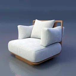 "Modern Sofa Single A 3D model for Blender 3D. AI generated rendering with realistic skin shader, cloth sim and low angle dimetric view. User-designed with materials sourced from BlenderKit for optimal simulation."