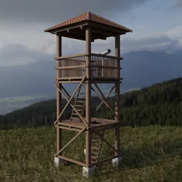 Detailed Blender 3D model of a two-tier wooden park watchtower with stairs and a mounted telescope.