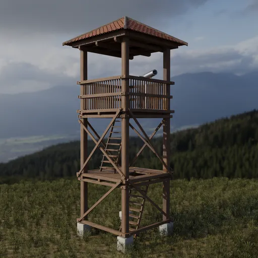 Detailed Blender 3D model of a two-tier wooden park watchtower with stairs and a mounted telescope.