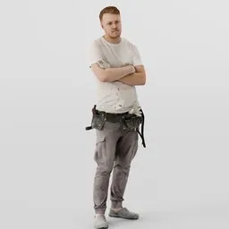 3D model of a confident Scandinavian builder with tools, in a dirty white shirt and joggers, with arms crossed.