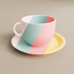 "Ceramic plate and mug set in various pastel color palettes, perfect for Blender 3D. Procedural materials allow for easy duplication and color variation. Inspired by the works of Felipe Pantone, Leon Wyczółkowski, and Clemens Ascher."
